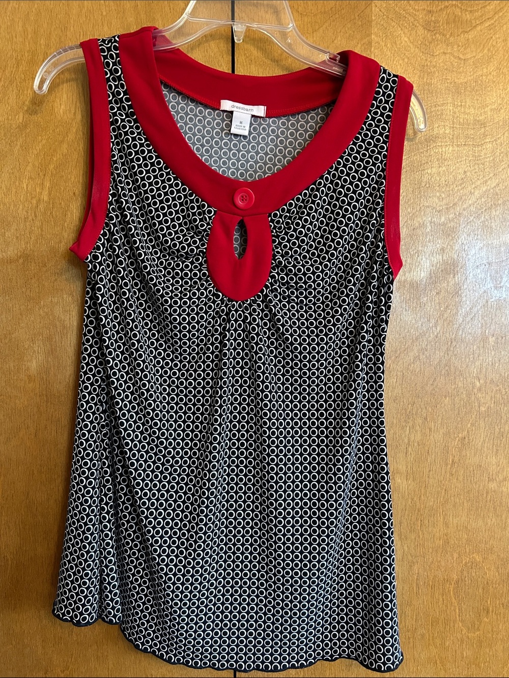 Dress Barn Sleeveless Black & White Circle Print Top with Red Trim